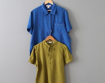 LINEN summer blouse | electric blue and chartreuse green shirts | choose one 90s linen blouses