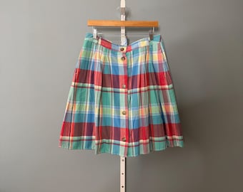 Land End Plaid Cotton Skirt | Button Down Pleated Flare Skirt