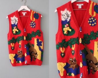 Christmas Kittens intarsia vest | cute kittens vest | hand-knitted holiday vest