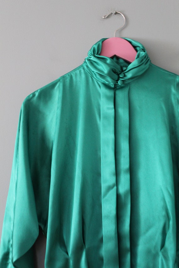 Shamrock green liquid blouse | pleated puff neck … - image 2