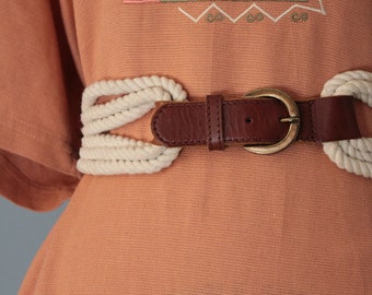 nautical cinch belt | chestnut leather belt | elastic cord leather brass belt