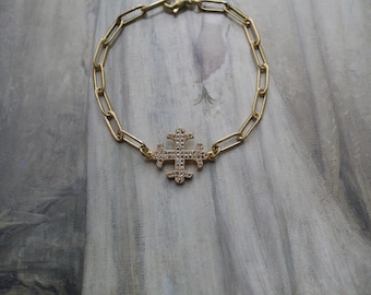 Medieval Cross charm bracelet | 14K gold plated hand necklace | gift for her | chain link bracelet
