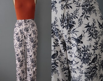 Calça jeans de cintura alta com estampa de pássaros | calça jeans macia | calça divertida com estampa de pássaros