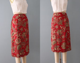 SCARLET red wrap skirt | 90s Talbots midi skirt | whimsical botanical print wrap skirt