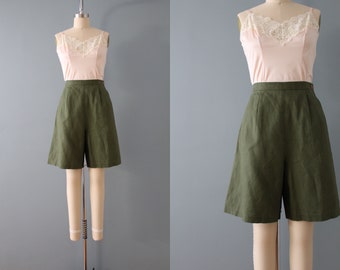 MOSS green linen shorts | 1990s linen tap shorts | moss green high waisted shorts