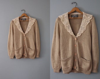 BEREK lace collar cardigan | clay beige cardigan sweater | vintage lace collar cardigan