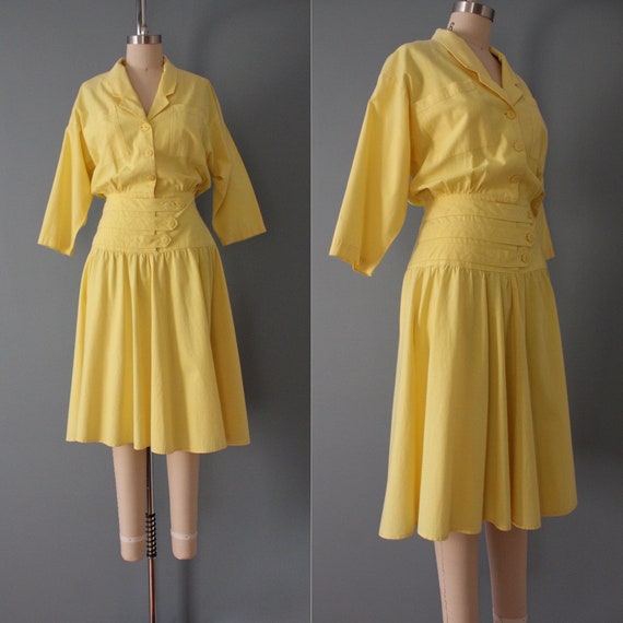 LEMON yellow dress | cummerbund waist shirtdress … - image 1