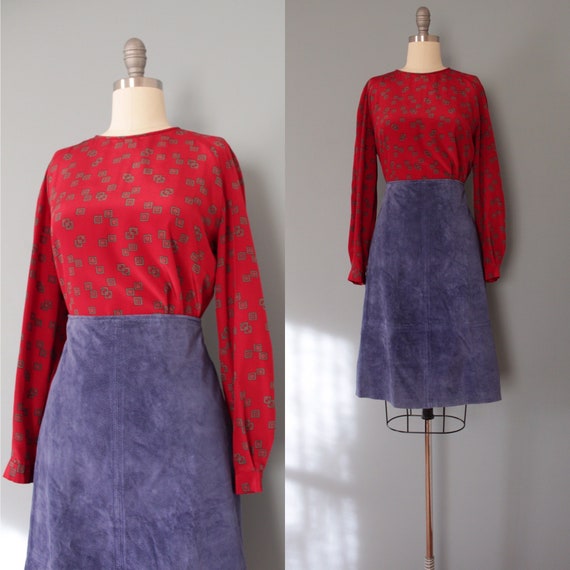 CRANBERRY red blouse | squares print poet blouse |