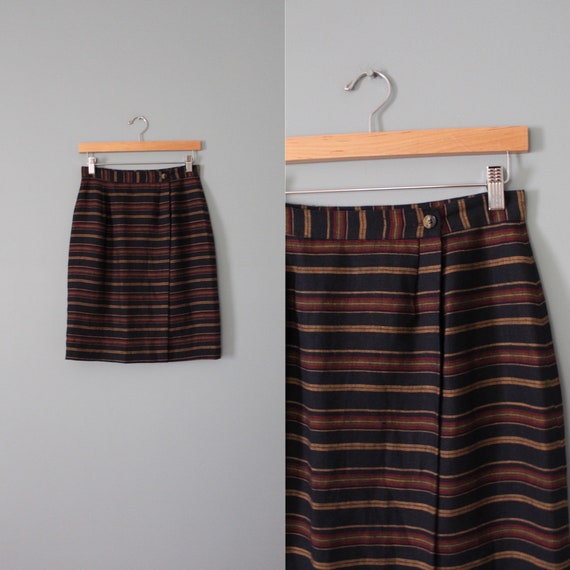 STRIPED linen mini skirt | 90s linen dark brown s… - image 2