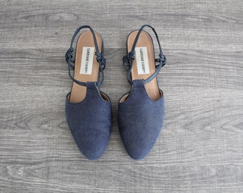 denim woven leather flat sandals