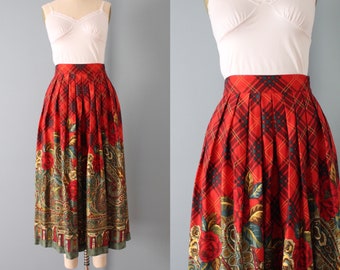 vintage full flared bohemian skirt | 1980s Herman Geist paisley red roses skirt | rose buttons pleated maxi skirt