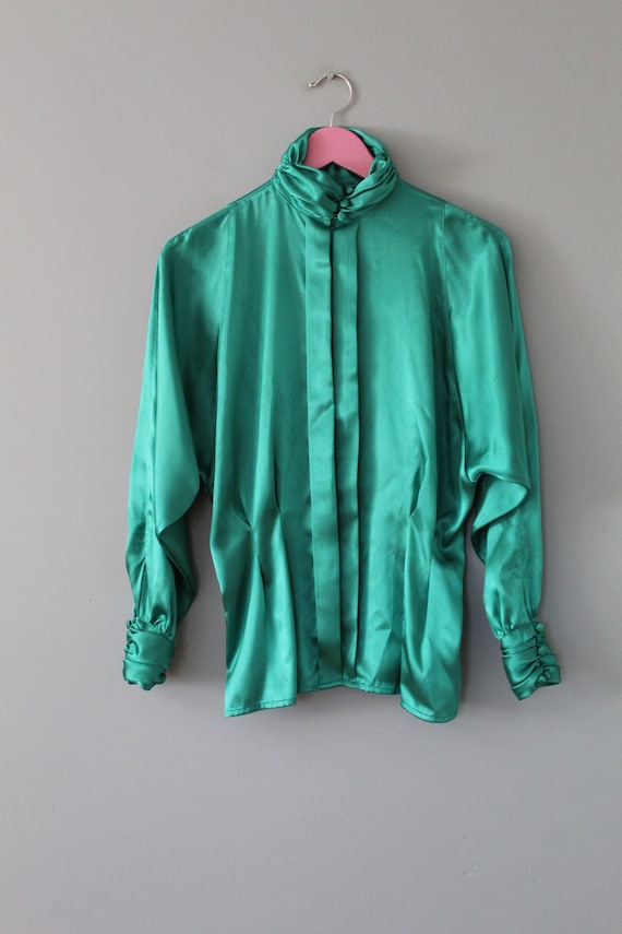 Shamrock green liquid blouse | pleated puff neck … - image 1
