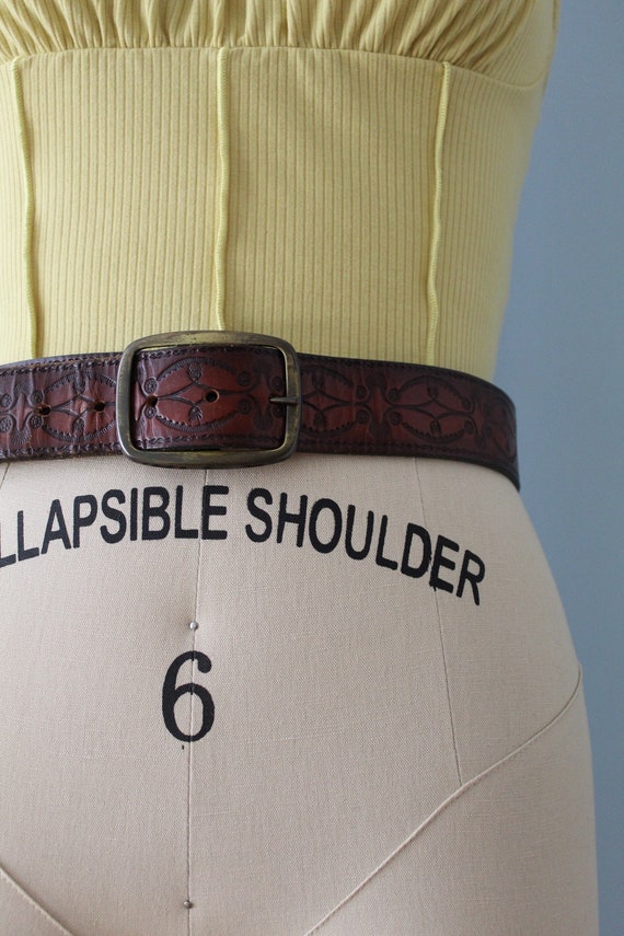 EMBOSSED bohemian belt 1970s brass buckle belt ru… Gem