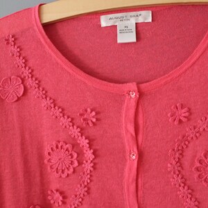 ROUGE pink silk top | crochet flowers appliqué top | pink cardigan sweater top
