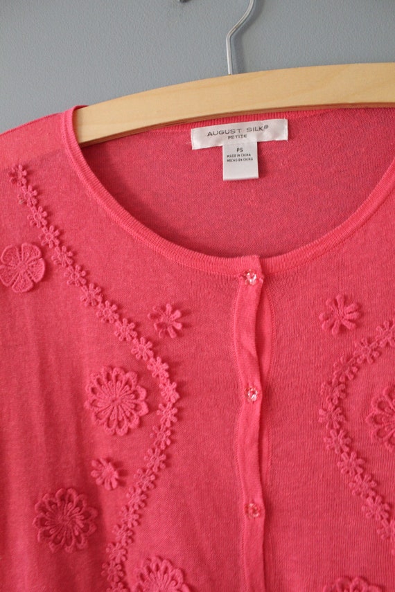 ROUGE pink silk top | crochet flowers appliqué to… - image 9