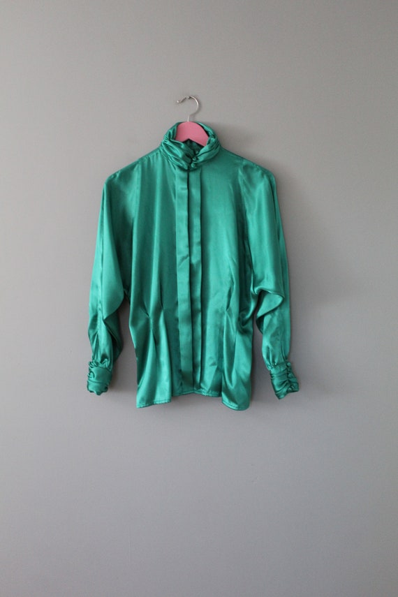 Shamrock green liquid blouse | pleated puff neck … - image 3