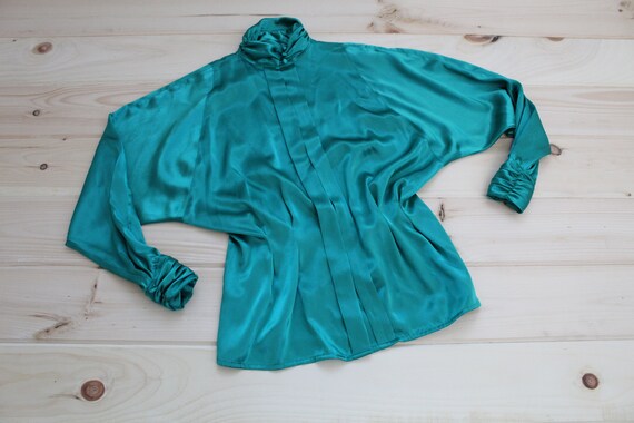 Shamrock green liquid blouse | pleated puff neck … - image 6