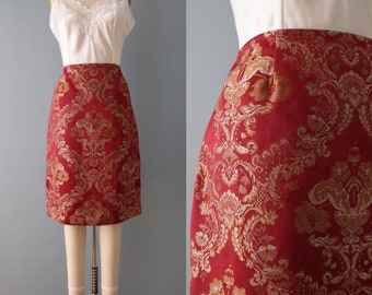 BAROCCO print red pencil skirt | 90s designer mini skirt | golden barocco ornament print skirt