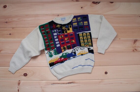 Christmas City cars buildings wool sweater View 2