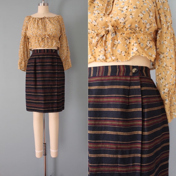 STRIPED linen mini skirt | 90s linen dark brown s… - image 1