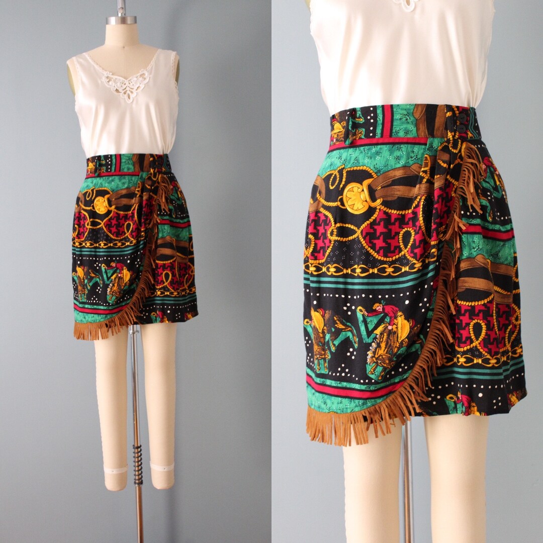EQUESTRIAN Wrap Mini Skirt 90s Fringed Skirt Rodeo Horse Riders Mini