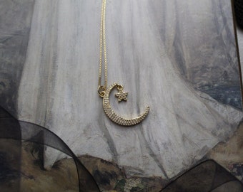 CRESCENT MOON dangle necklace | Art Deco Witchy Victorian skinny moon necklace | 925 box chain necklace