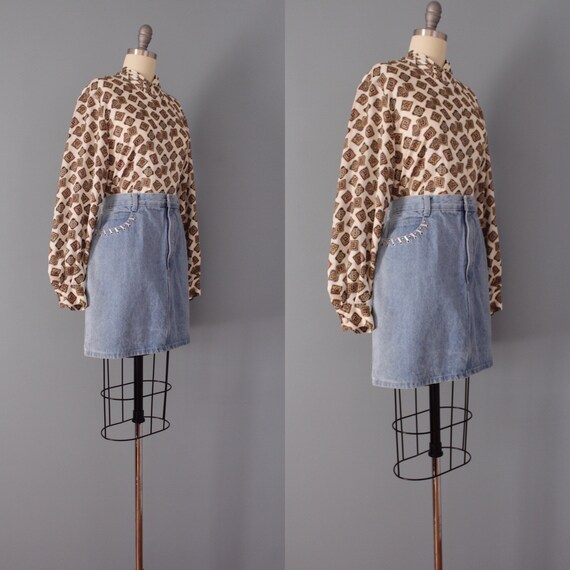 DENIM mini skirt | 1990s Y2K denim skirt | pale b… - image 5