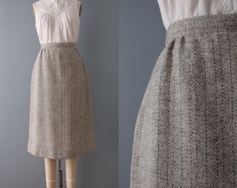 BEIGE herringbone wool skirt | 1970s wool skirt | woven wool aline skirt