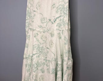 Gonna lunga in lino con stampa floreale color menta, anni '90