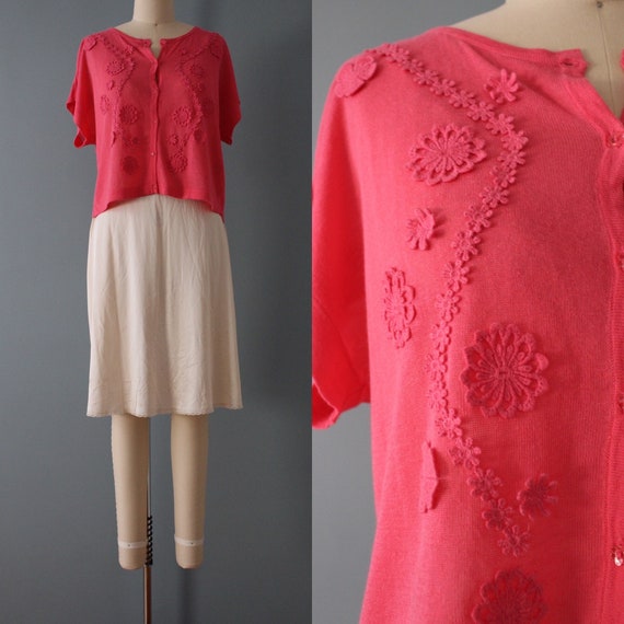 ROUGE pink silk top | crochet flowers appliqué to… - image 1