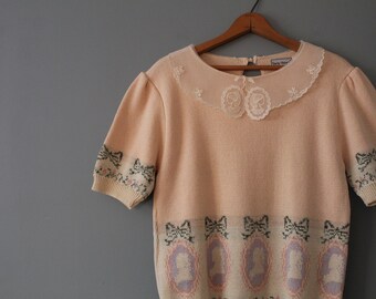 LACE collar sweater top | cameo lace collar sweater | 90s peach pink cameos bows sweater