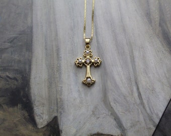 Medieval Cross necklace No. 2 | Antique inspired pearl filigree small cross necklace | 925 gold box chain necklace