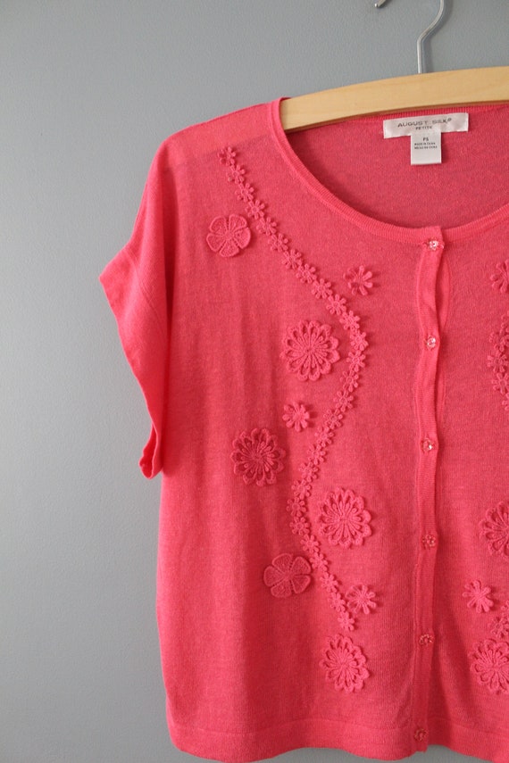 ROUGE pink silk top | crochet flowers appliqué to… - image 7