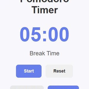 Könnte beinhalten: Eine digitale Pomodoro-Timer-Oberfläche mit der Anzeige 05:00 und dem Text Break Time. Der Bildschirm zeigt einen blauen Start-Button, einen hellgrauen Reset-Button, einen hellgrauen Focus (25min)-Button und einen blauen Break (5min)-Button.