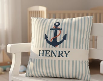 Personalisierter Kissenbezug im maritimen Kinderzimmer-Stil mit individuellem Namen, Bootsanker-Kissenbezug, Küsten-Kinderzimmer-Kissenbezug, gestreifter Kissenbezug, Geschenk zur Babyparty