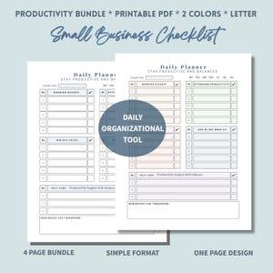 May include: Printable PDF productivity bundle with a small business checklist. The design includes a daily planner with sections for morning kickoff, mid-day focus, and self-care. The text includes "Daily Organizational Tool" and "Stay Productive and Balanced."