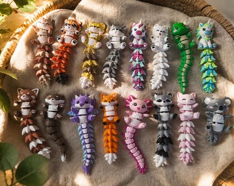 Adorables animaux de compagnie flexibles – Figurines articulées imprimées en 3D : renard, axolotl, raton laveur, loutre, koala, écureuil, dragon, chat, panda roux et guépard