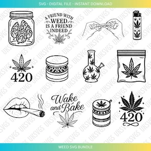 Könnte beinhalten: Schwarz-weiß SVG-Bundle mit Cannabis-Illustrationen. Enthält ein Glas, ein Feuerzeug, eine Bong, eine Tüte mit einem Blatt, eine Mühle, einen Joint, Lippen mit einem Joint und Text mit der Aufschrift "A friend with weed is a friend indeed."