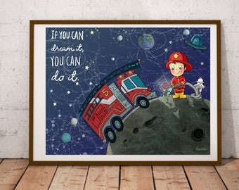 The Little Fireman on the Moon.If you can dream it, you can do it. Printed Illustration, kids room