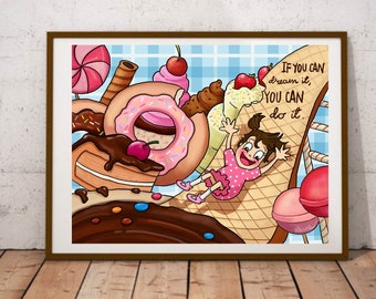 Down the chocolate slide! If you can dream it, you can do it. Printed Illustration, kid's room.