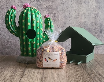 Flowering Cactus Bird Lover Gift Set – Desert Cactus Birdhouse, 3D Printed Bird Feeder & Wild Bird Seed – Southwest Garden Gift