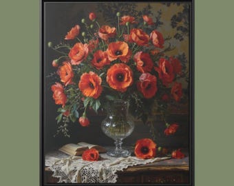 Red Poppy Bouquet Matte Canvas Framed | Floral Wall Art