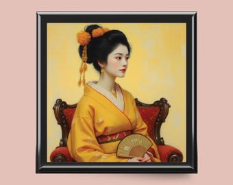 Geisha Portrait Jewelry Box: Sunrise Painting, Asian Decor