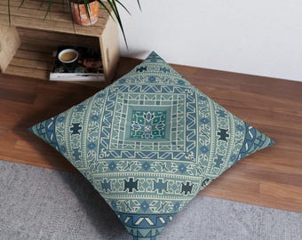 Teal Geometric Aztec Pattern Tufted Floor Pillow