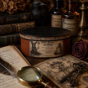 Three Knocks on Keepsake Box | Hand Painted Papier Mache Box | Dark Academia Curiosity Box | Victorian Folklore Decor | Halloween Gift Box