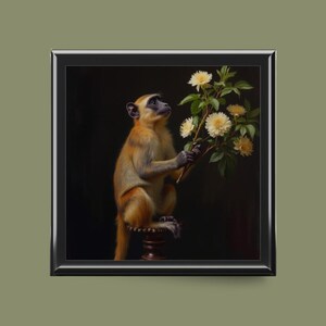May include: A framed artwork featuring a monkey holding a bouquet of yellow flowers. The monkey, with tan and gray fur, is seated on a small, ornate wooden stool. The background is a dark, solid color, and the artwork is framed in black.