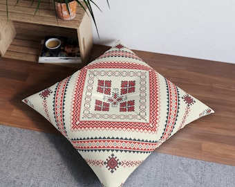 Geometric Folk Embroidery Square Floor Pillow | Tufted Boho Cushion