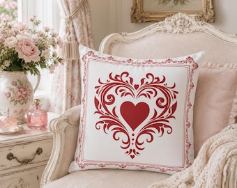 Victorian Heart Pillow Square Poly Canvas Pillow | Ornate Lattice Valentine Decor