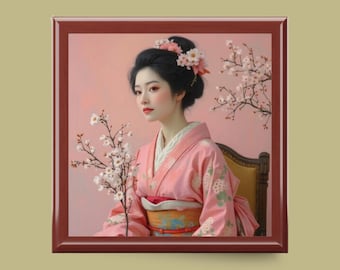 Geisha Cherry Blossom Jewelry Box: Japanese Art Rubberwood Storage