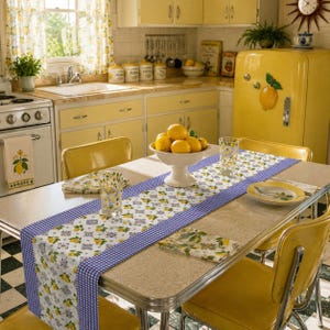Periwinkle Gingham Lemon Tile Table Runner | Cotton Polyester